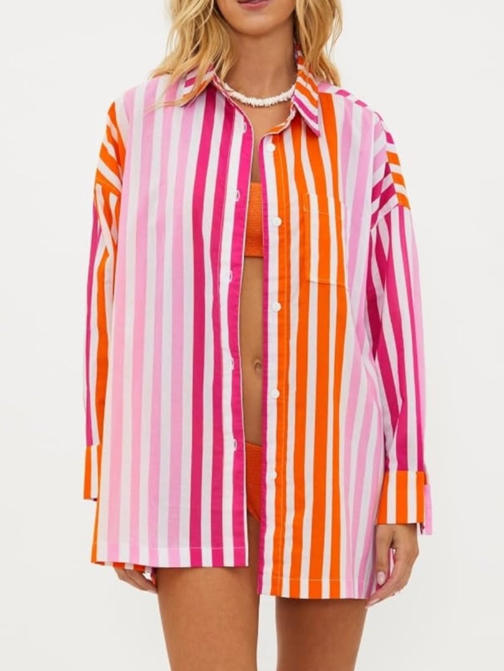 Beach Riot NEW 100% Cotton Alexa Long Sleeve Button up Coverup Sunset Stripes
